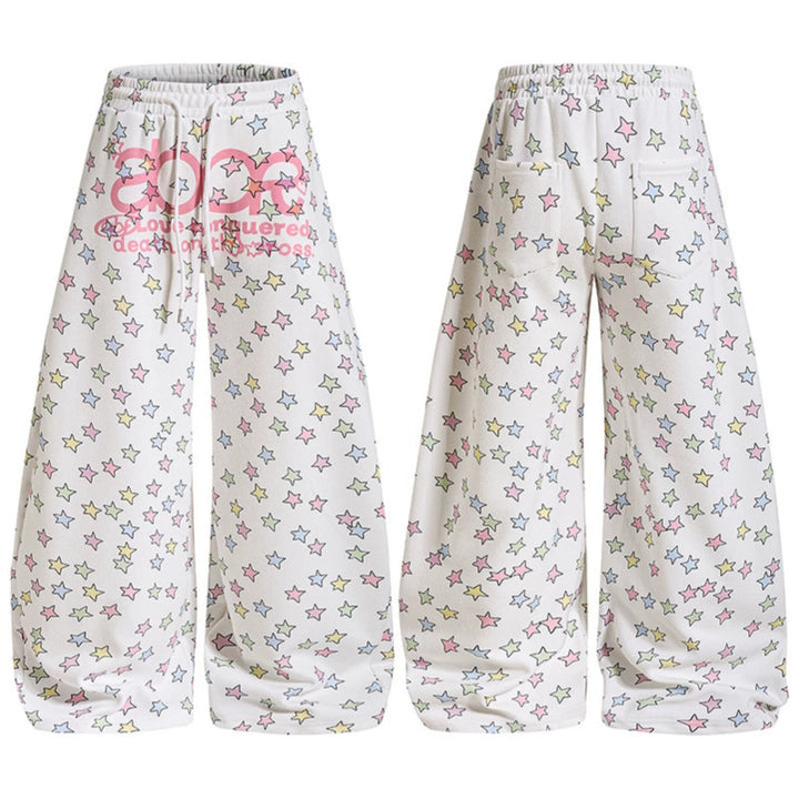 Damen Weite Lounge-Palazzohose mit hohem Elastikbund, Kordelzug und Sternchen-Allover Drune