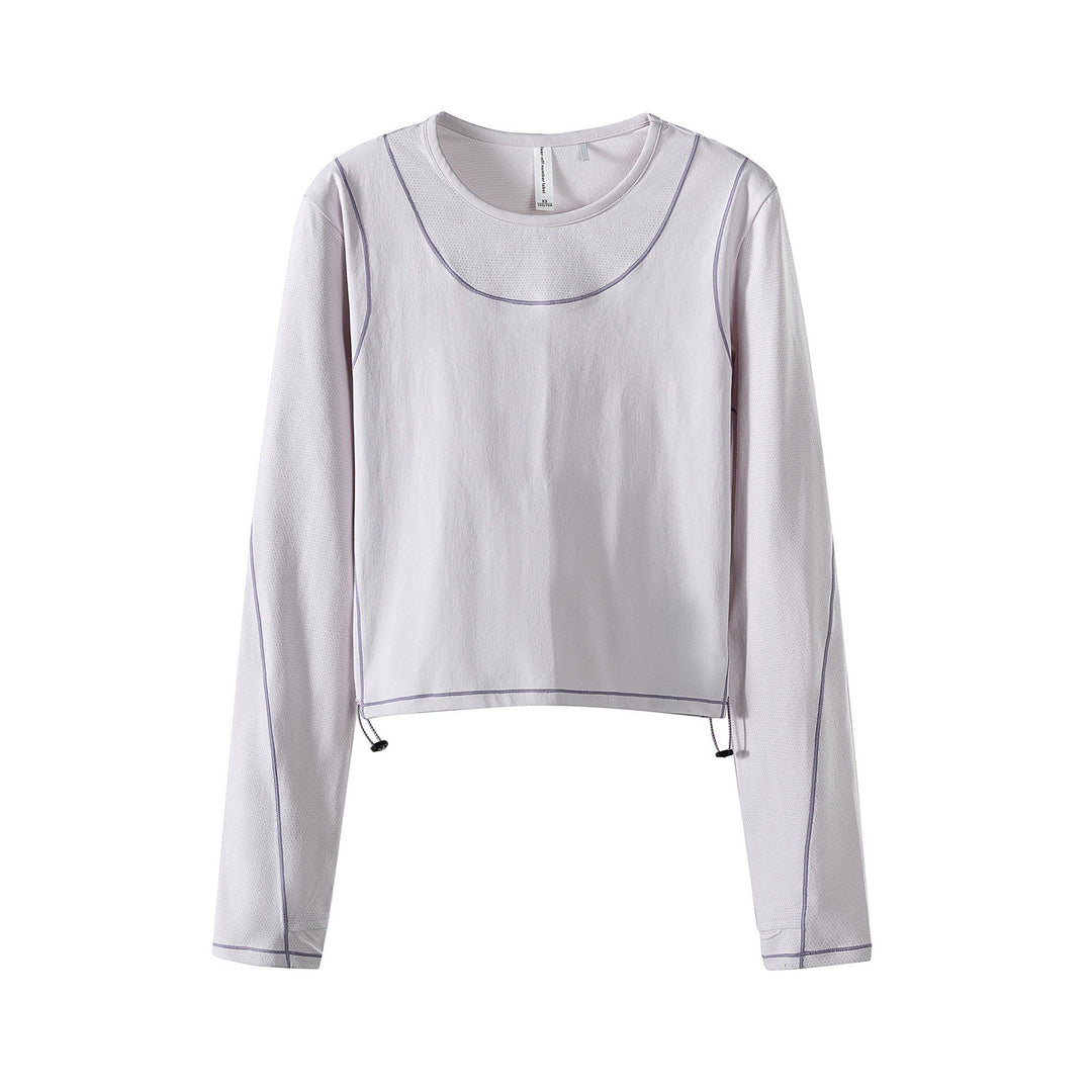 Damen Leichtes cropped Layering-Longsleeve mit Mesh-Ärmeln, Kontrastnähten und Kordelzug Drune