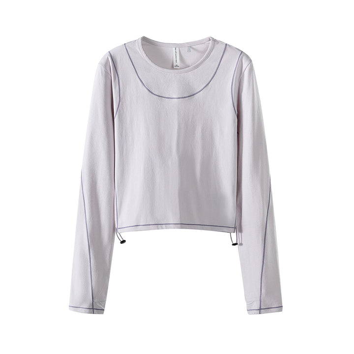 Damen Leichtes cropped Layering-Longsleeve mit Mesh-Ärmeln, Kontrastnähten und Kordelzug Drune