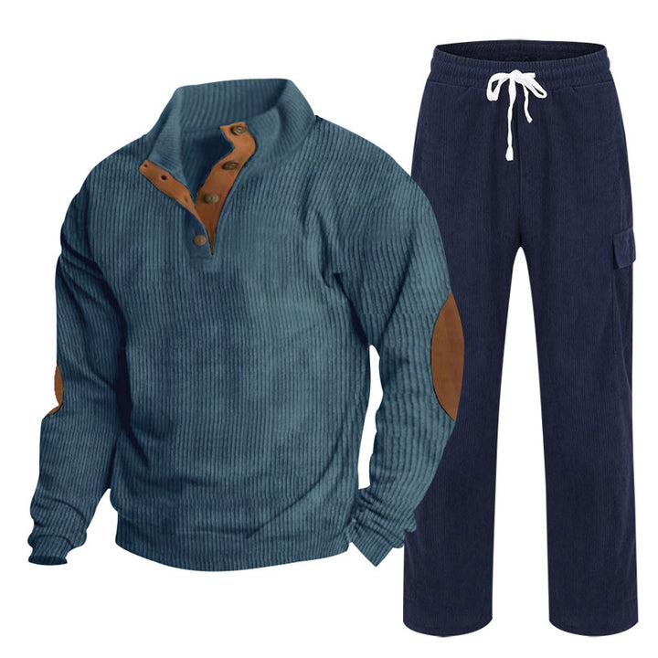 Herren Gemütliches Freizeit-Set aus Waffelstrick-Henley mit Ellenbogenpatch und Relax-Cargo-Hose Drune