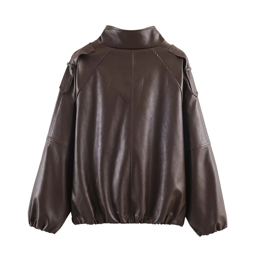 Damen nan oversized Kunstleder-Bomberjacke mit Stehkragen, elastischem Saum und verdeckter Druckknopfleiste Drune