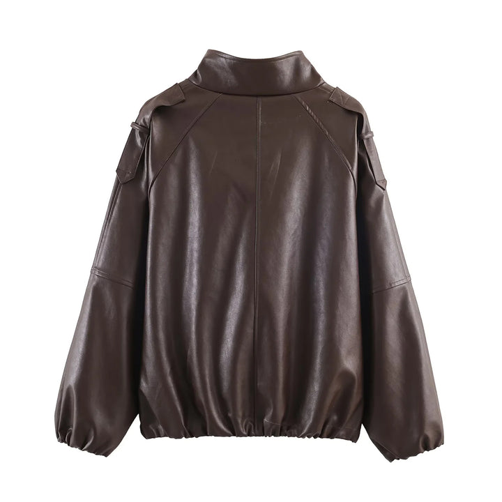 Damen nan oversized Kunstleder-Bomberjacke mit Stehkragen, elastischem Saum und verdeckter Druckknopfleiste Drune