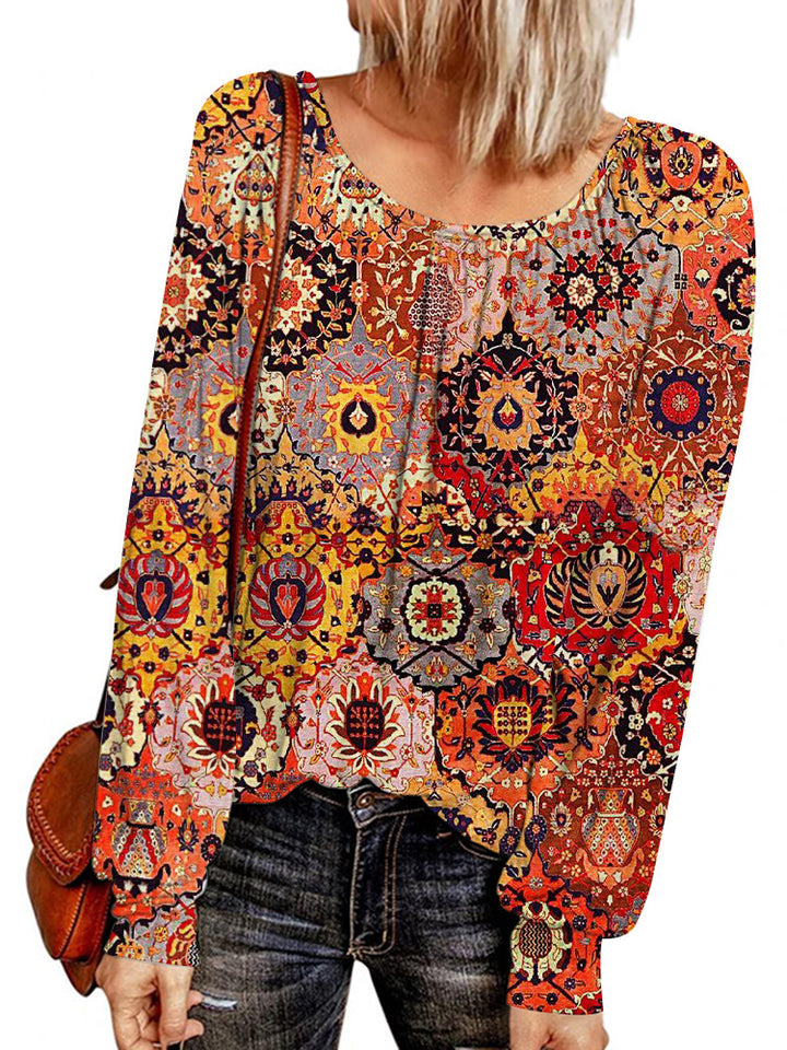Damen Ethno-Print Oversize-Tunika mit Rundhalsausschnitt und langen Ballonärmeln Drune