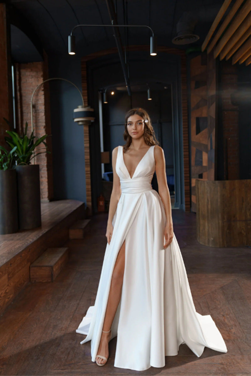 Damen elegantes Hochzeitskleid mit tiefem V-Ausschnitt und seitlichem Schlitz Drune