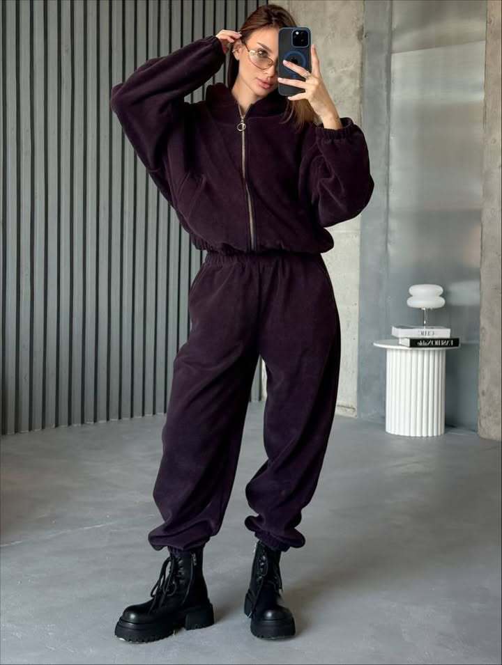 Damen Plüsch-Loungewear-Set mit Reißverschluss-Kapuzenjacke und taillenhoher Jogginghose Drune