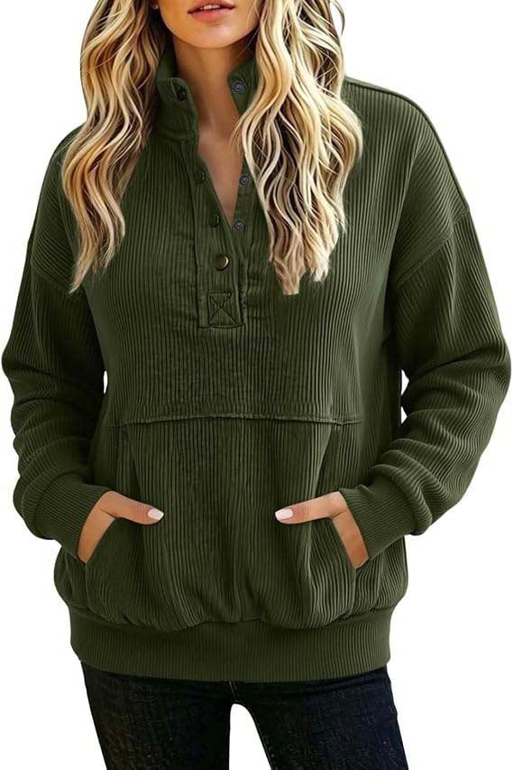 Damen gerippter Henley-Pullover mit Stehkragen und Kängurutasche Drune