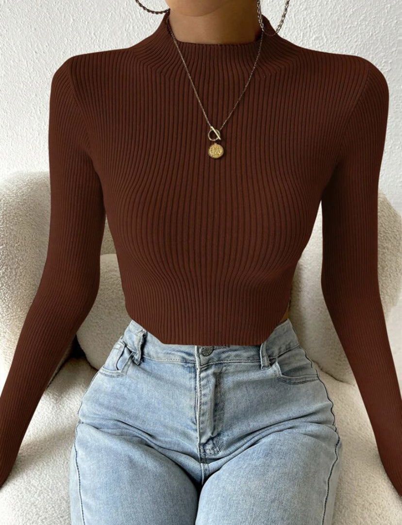 Damen Gerippter Cropped Feinstrickpullover mit Stehkragen Drune