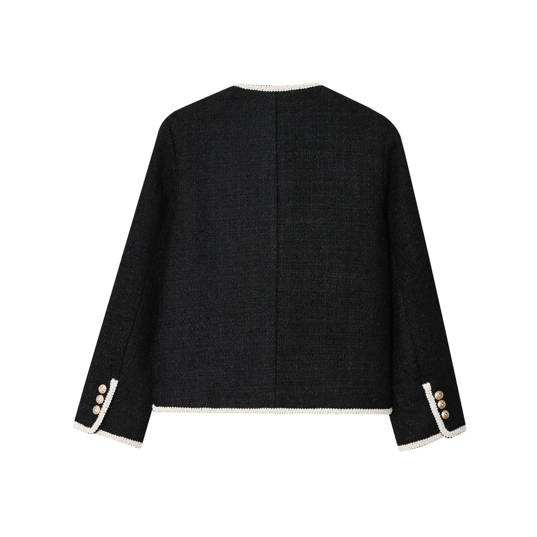 Damen nan kastige Bouclé-Jacke mit kontrastpaspel, vier Zier-Fronttaschen und goldenen Schmuckknöpfen Drune