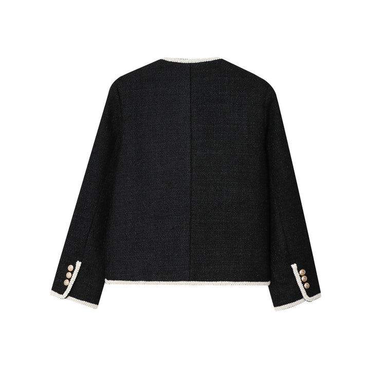 Damen nan kastige Bouclé-Jacke mit kontrastpaspel, vier Zier-Fronttaschen und goldenen Schmuckknöpfen Drune