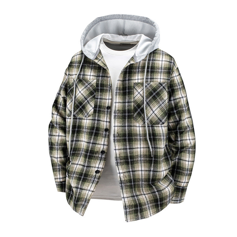 Herren -Layered-Flanell-Overshirt mit angenähter Kapuze und Brusttaschen Drune