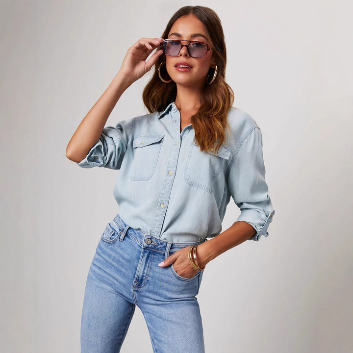 Damen Denim-Hemd mit umschlagbaren Ärmeln und zwei Brusttaschen Drune