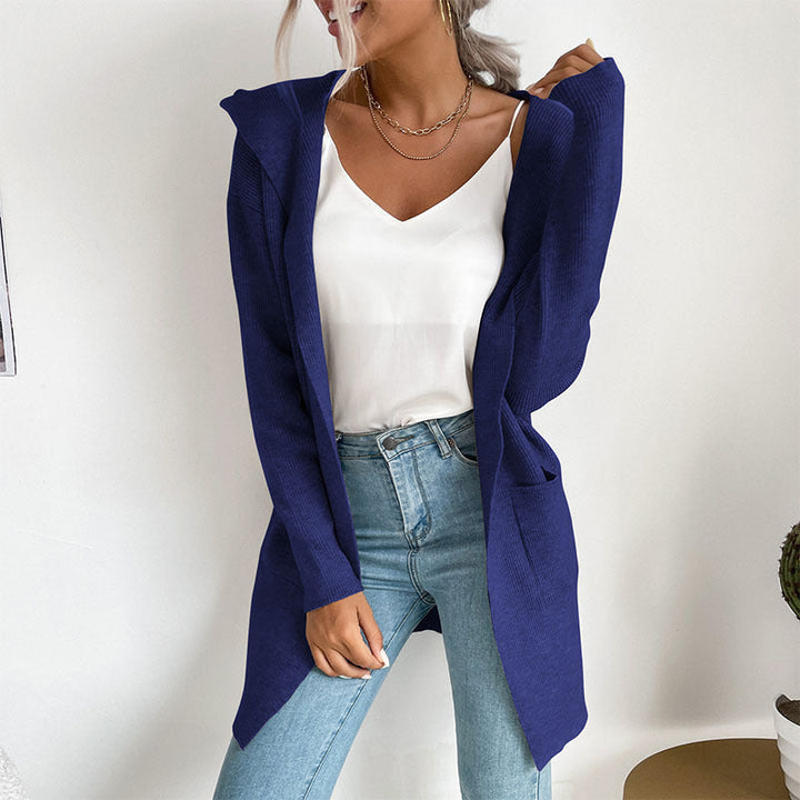 Damen Langärmlige Strickjacke mit Kapuze und seitlichen Taschen Drune