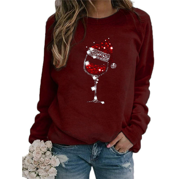 Damen Weihnachts Sweatshirt mit Pailletten Weinglas und Rundhalsausschnitt Drune