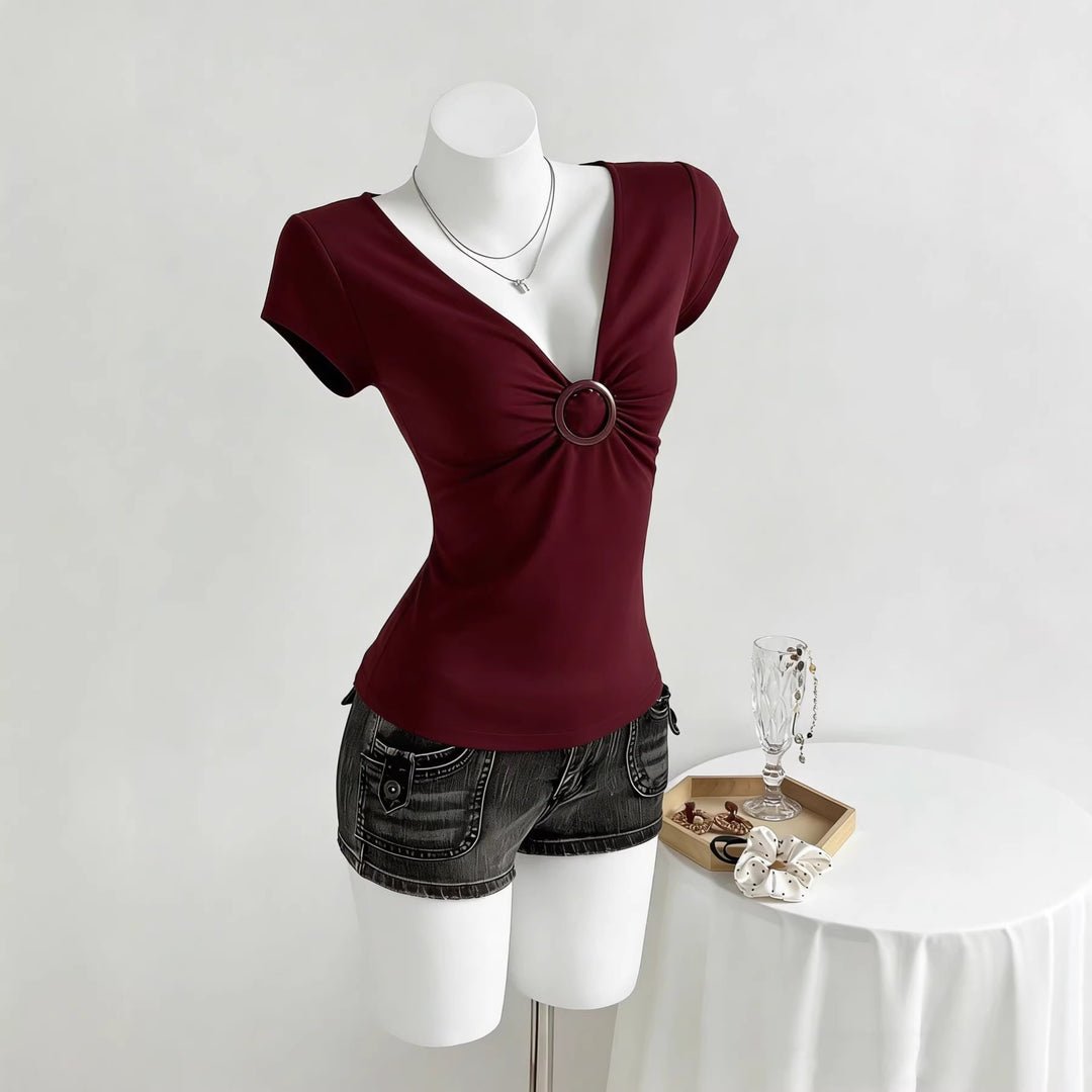 Damen Figurschmeichelndes Shirt mit dekorativem Ringdetail Drune