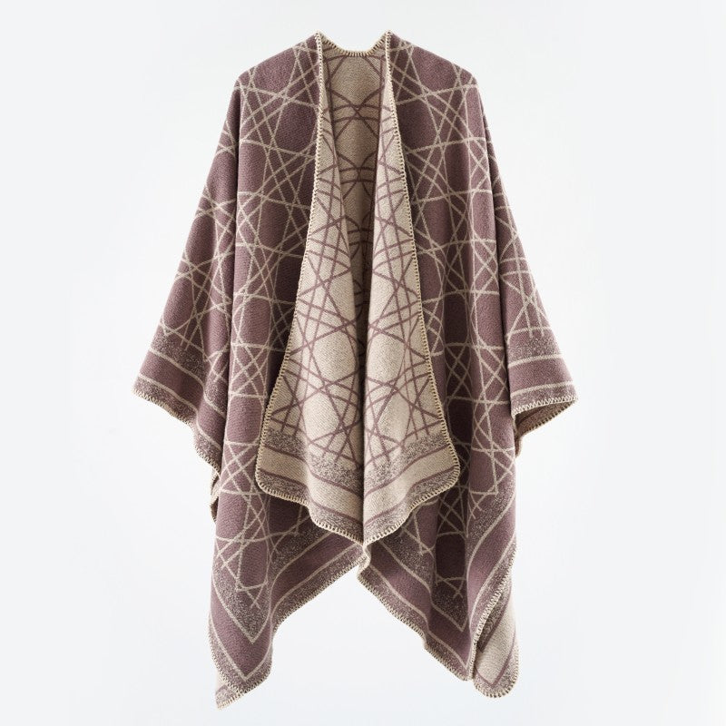Damen Wendbarer Jacquard-Capeponcho mit geometrischem Allovermuster und offenem Kimono-Fall Drune