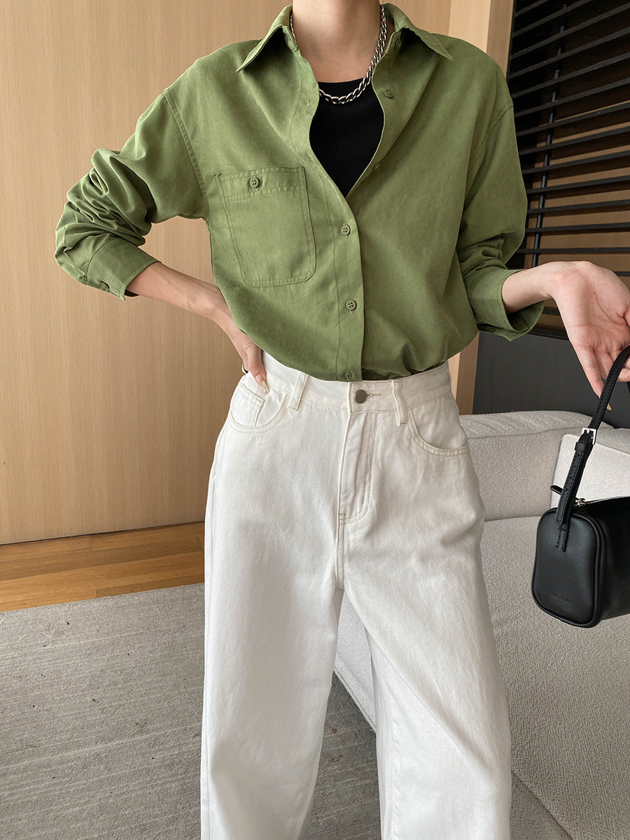 Damen lässige Bluse mit Brusttasche und langen Ärmeln Drune