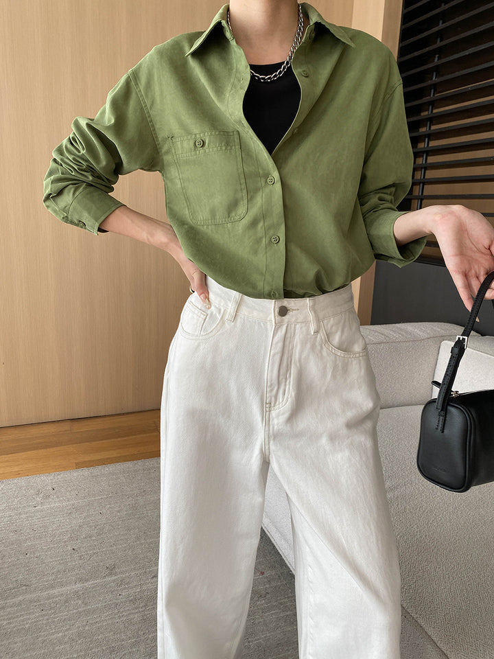 Damen lässige Bluse mit Brusttasche und langen Ärmeln Drune