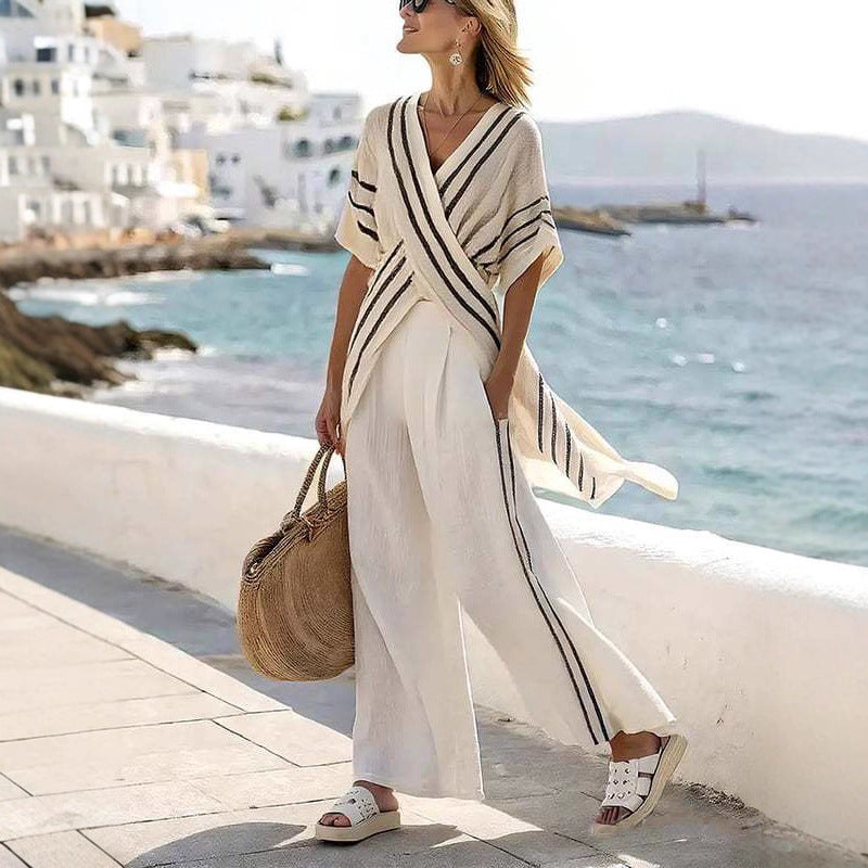 Damen nan resort-inspiriertes Set mit überkreuzter Kimono-Tunika und hochgeschnittener Palazzohose Drune
