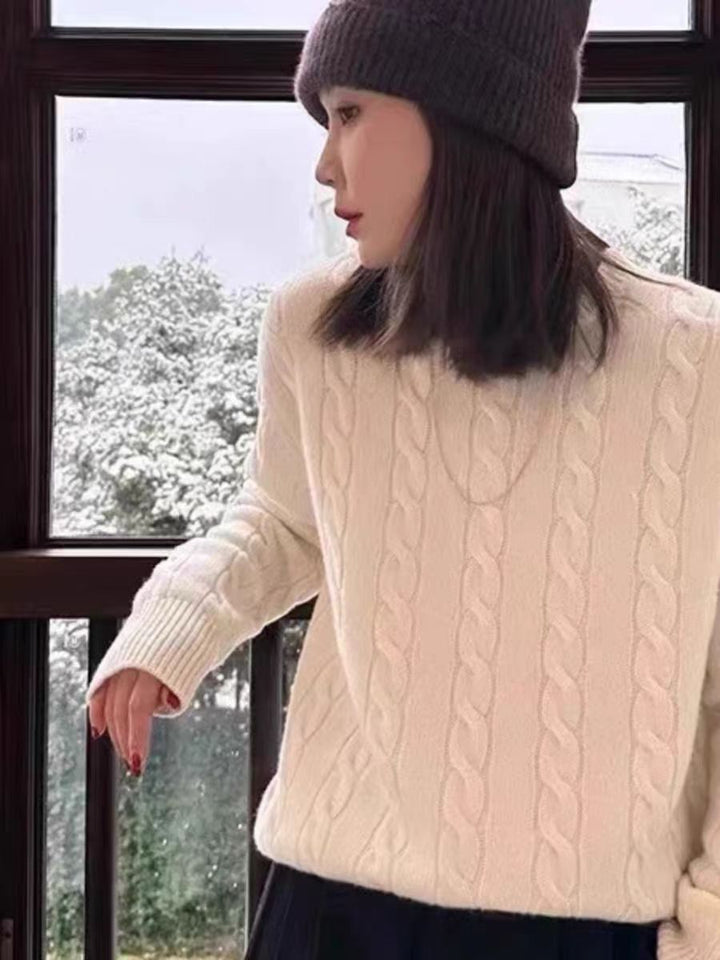 Damen Kastiger Kabelstrick‑Pullover mit Rundhals, extraweichem Wollmix und gerippten Bündchen Drune