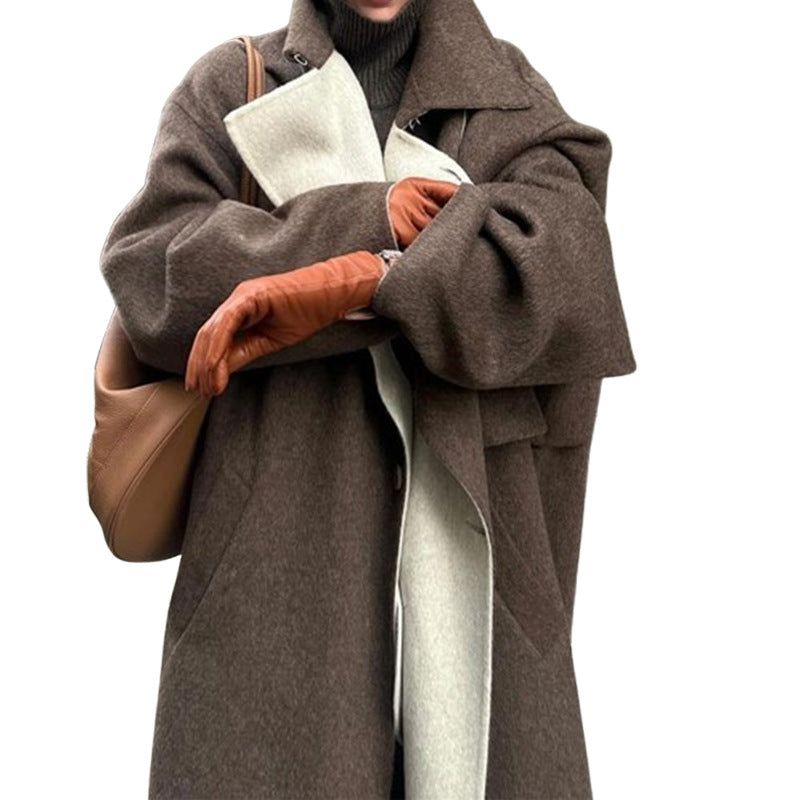 Damen eleganter und bequemer Wollmantel mit kontrastierendem Kragen Drune