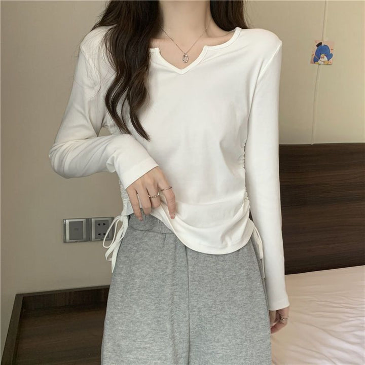 Damen vielseitiges Langarmshirt mit modischem V-Ausschnitt und Raffung Drune