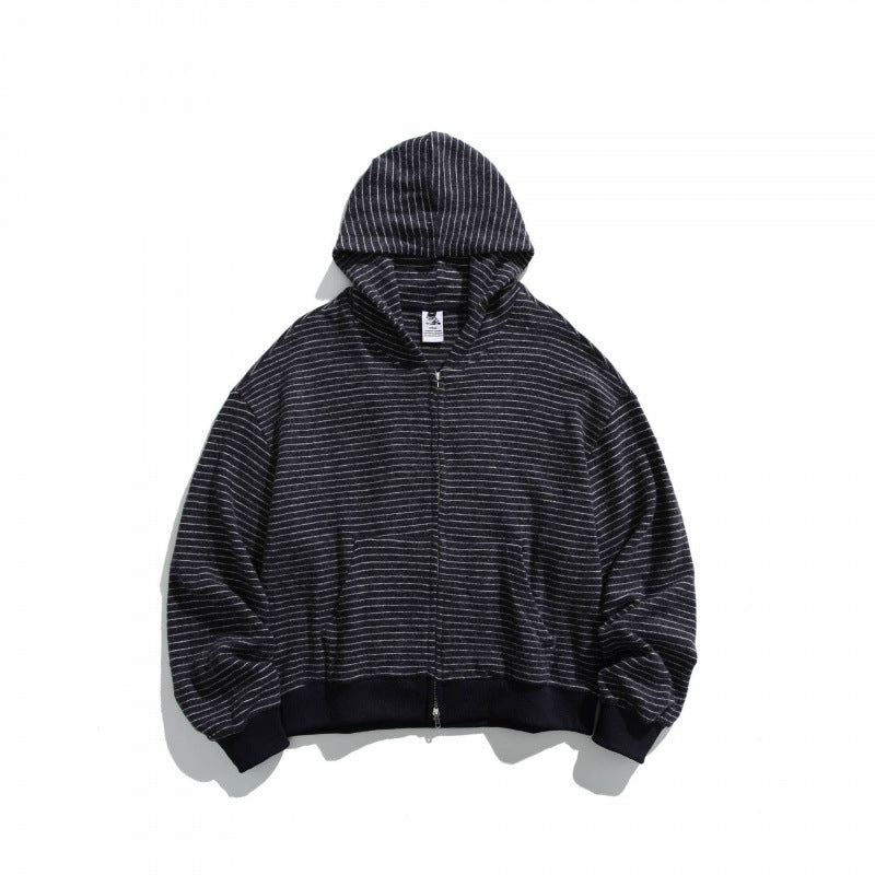 Unisex Boxy Kapuzen-Sweatjacke mit durchgehendem Reißverschluss, Streifenstruktur und geripptem Saum Drune