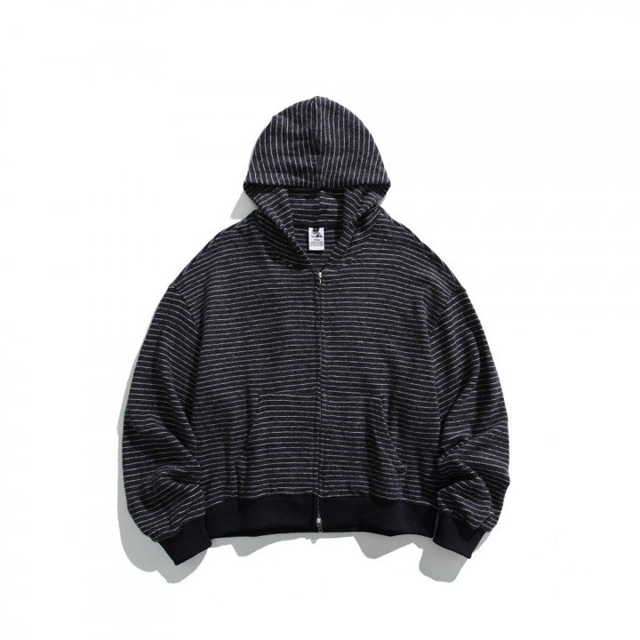Unisex Boxy Kapuzen-Sweatjacke mit durchgehendem Reißverschluss, Streifenstruktur und geripptem Saum Drune
