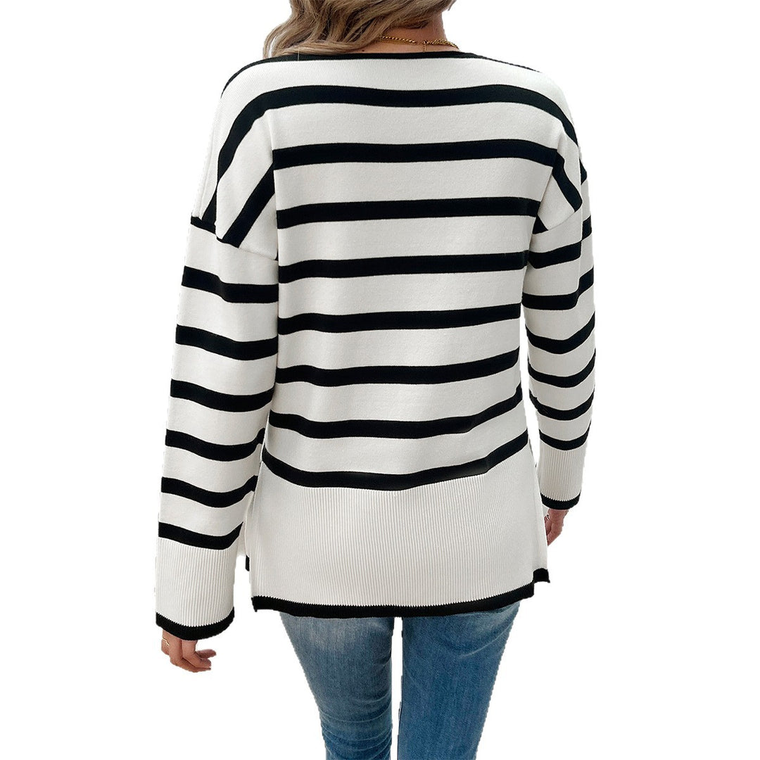 Damen nan gestreifter V‑Neck Feinstrickpullover mit verlängertem Tunika‑Schnitt und geripptem Saum Drune