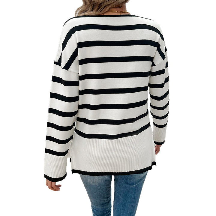 Damen nan gestreifter V‑Neck Feinstrickpullover mit verlängertem Tunika‑Schnitt und geripptem Saum Drune