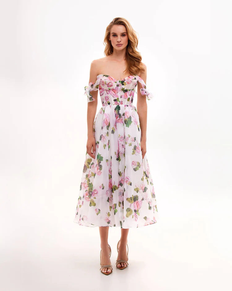 Damen Blumenkleid mit schulterfreiem Design Drune