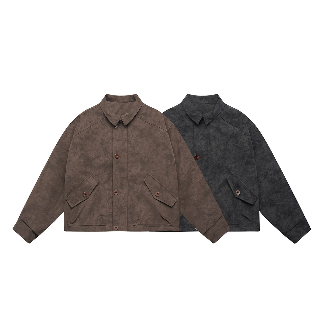 Herren Kurz geschnittener Suede‑Optik Blouson mit aufgesetzten Klappentaschen und Hemdkragen Drune