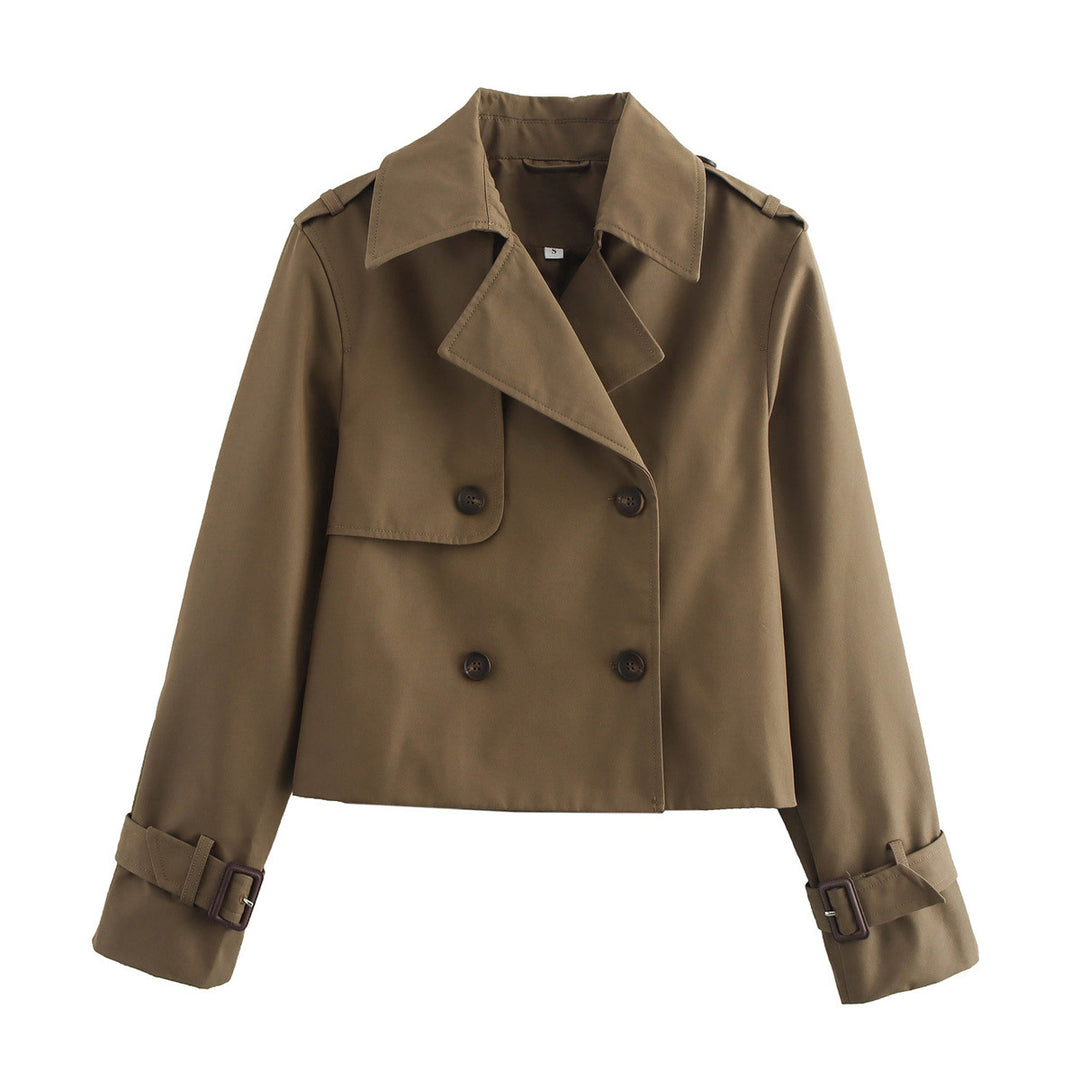Damen nan cropped Trenchjacke mit Doppelreiher, Epauletten und verstellbaren Schnallenmanschetten Drune