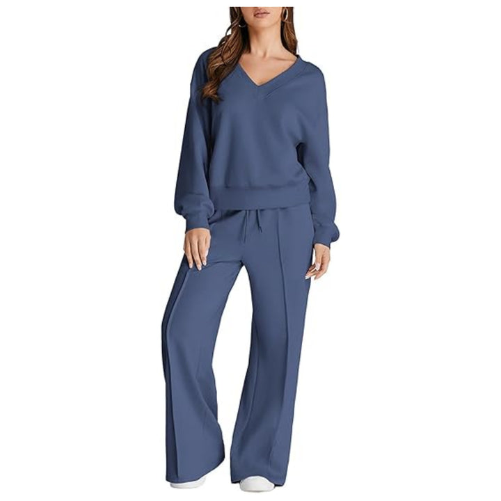 Damen Lässiges V-Ausschnitt Freizeit-Set mit weiter Jogginghose Drune