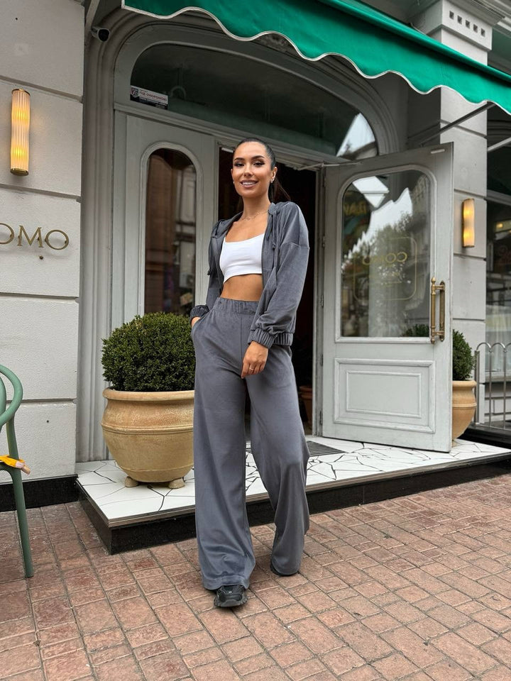 Damen Velours-Zip-Kapuzenjacke mit Marlene-Jogginghose Lounge-Set Drune
