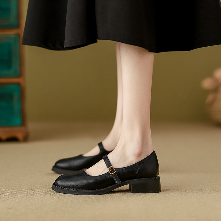 Damen Klassische Leder Mary Jane Ballerinas mit Verstellbarem Schnalle Drune