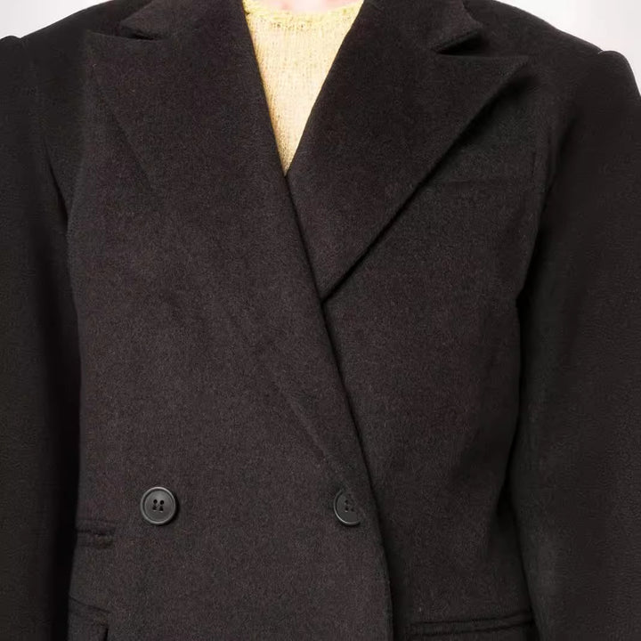 Damen Maxilanger Doppelreihiger Wollmix-Longcoat mit strukturierten Schultern und Pattentaschen Drune