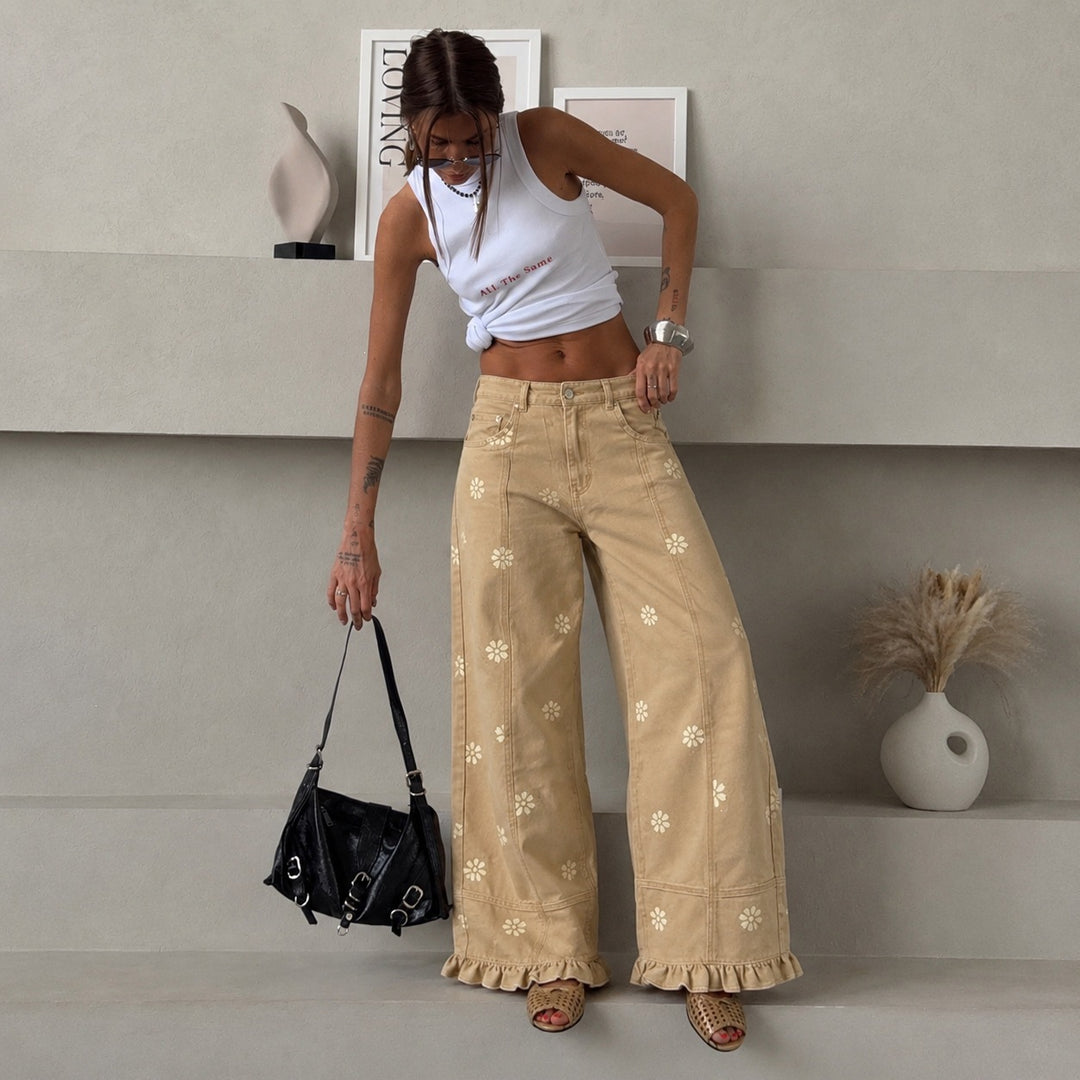 Damen weite Denimhose mit Gänseblümchen-Print, hohem Bund und Rüschenabschluss Drune