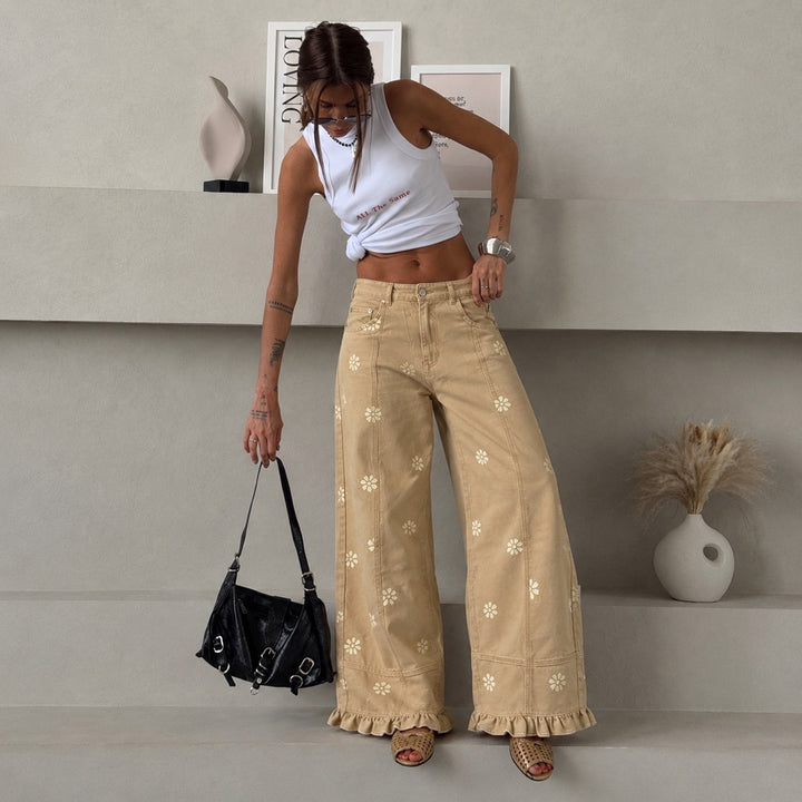 Damen weite Denimhose mit Gänseblümchen-Print, hohem Bund und Rüschenabschluss Drune