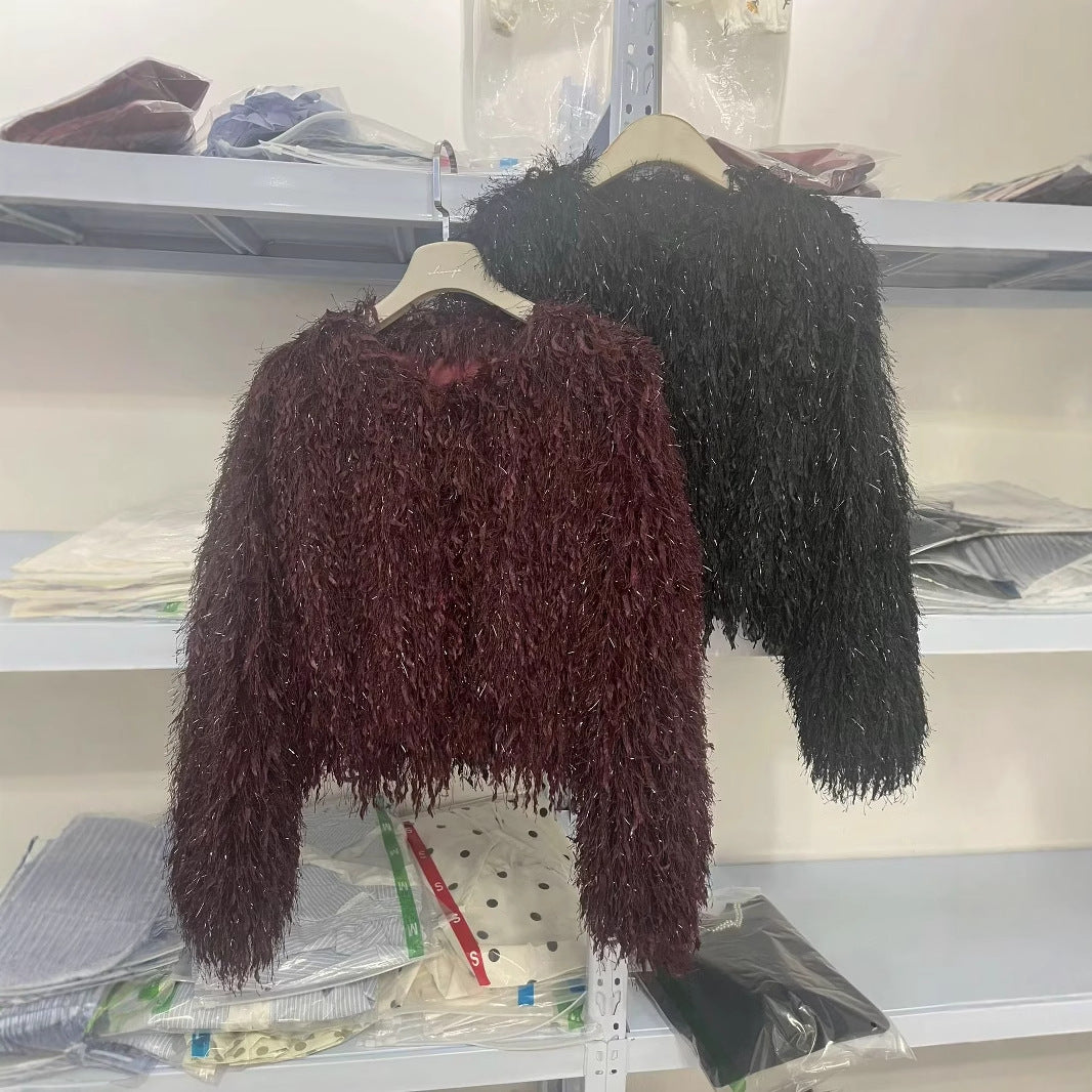 Damen nan kurze Kunstfelljacke mit shaggy Fransenstruktur, weicher Innenfutter und kastigem Cropped-Schnitt Drune