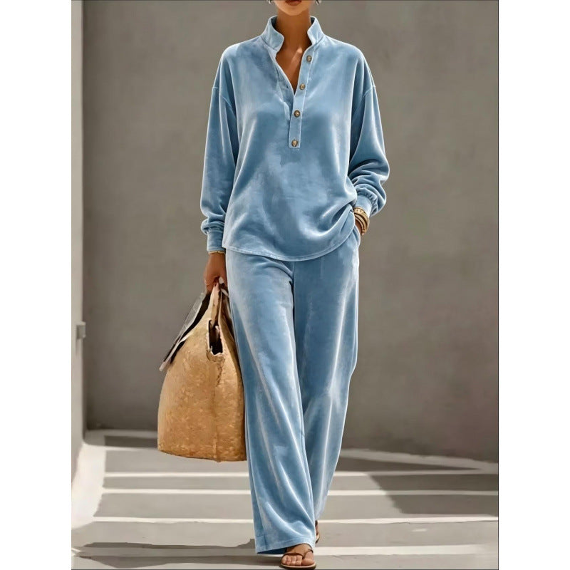 Damen Velours-Loungewear-Set mit Stehkragen-Henleytop und weiter Palazzohose Drune