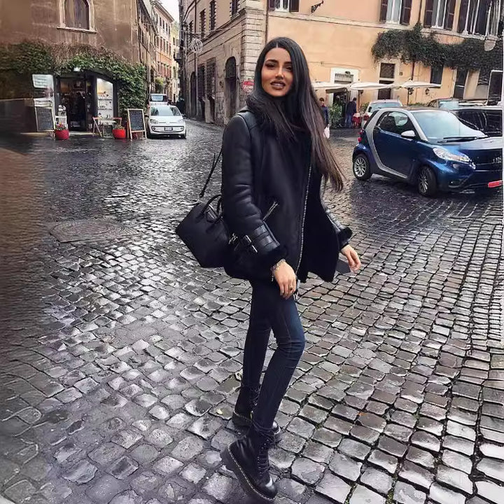 Damen Kunstleder Bikerjacke mit Plüschkragen und verstellbaren Riemen Drune