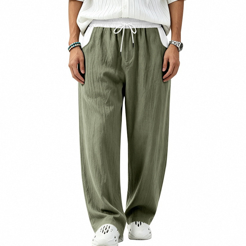 Herren Locker sitzende Leinen-Mischstoff Freizeithose mit Elastischem Tunnelzug und Seitentaschen Drune