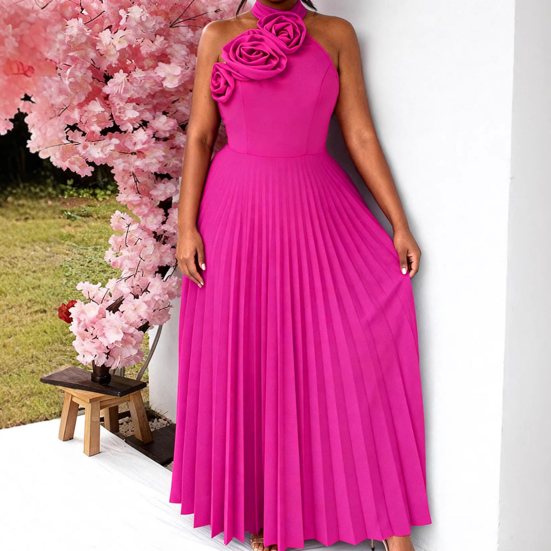 Damen Maxikleid mit asymmetrischem Schnitt und dekorativen Rosenapplikationen Drune