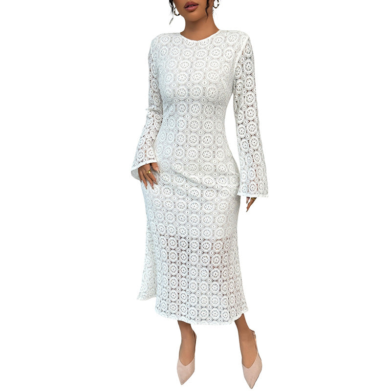 Damen Midikleid aus Häkelspitze mit taillierter Silhouette, Trompetenärmeln und ausgestelltem Saum Drune