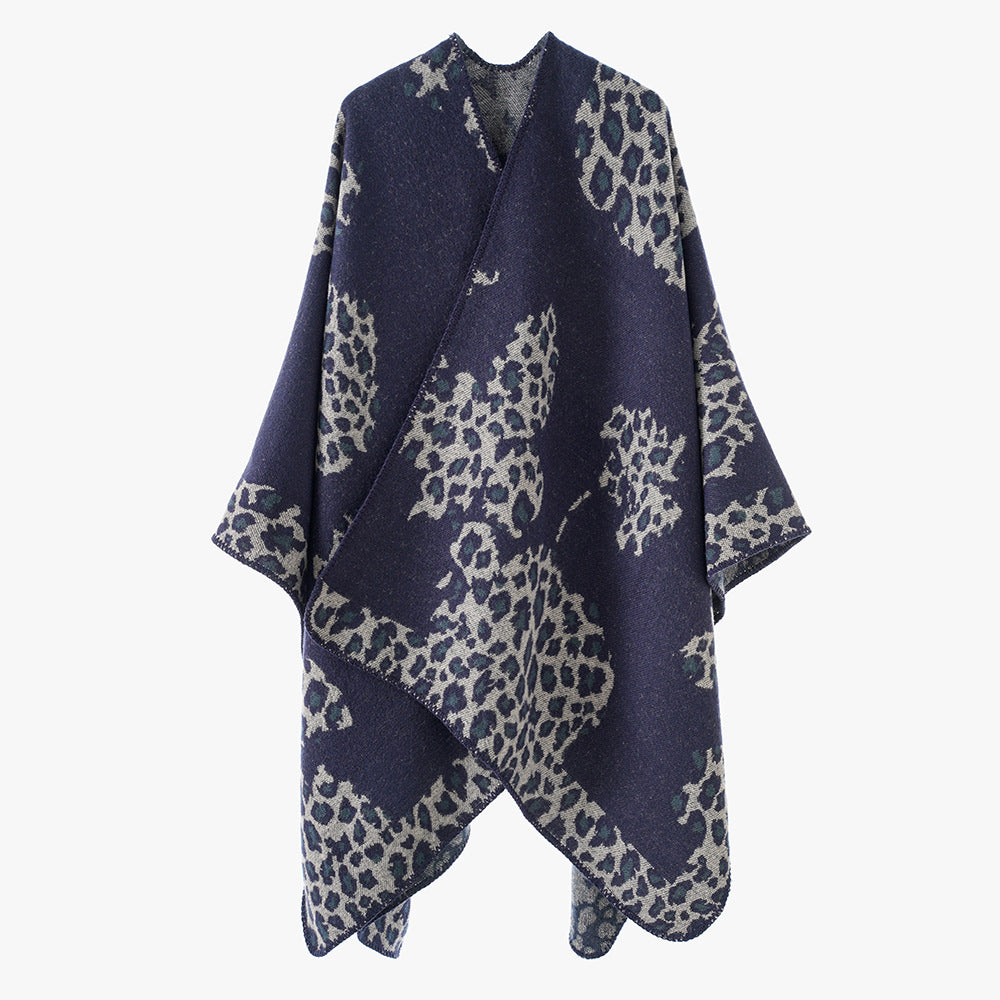 Damen Wolloptik-Überwurf mit gewebtem Leopard-Jacquard und offenem Zipfelrand Drune