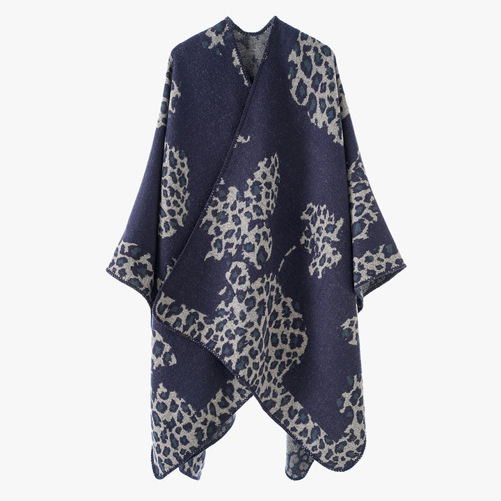 Damen Wolloptik-Überwurf mit gewebtem Leopard-Jacquard und offenem Zipfelrand Drune