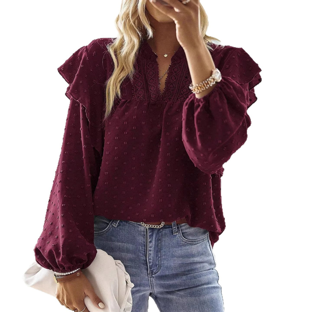 Damen Viskose-Bluse mit Spitzenstickerei und Volantärmeln Drune