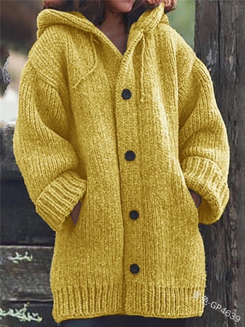 Damen weit geschnittener Kapuzen-Strickmantel mit Knopfleiste und Eingrifftaschen Drune
