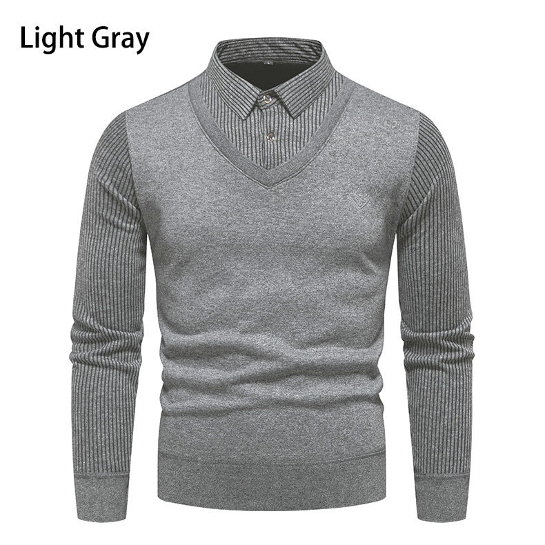 Herren Figurbetonter V‑Ausschnitt-Pullover mit integriertem Hemdkragen und gerippten Ärmeln Drune