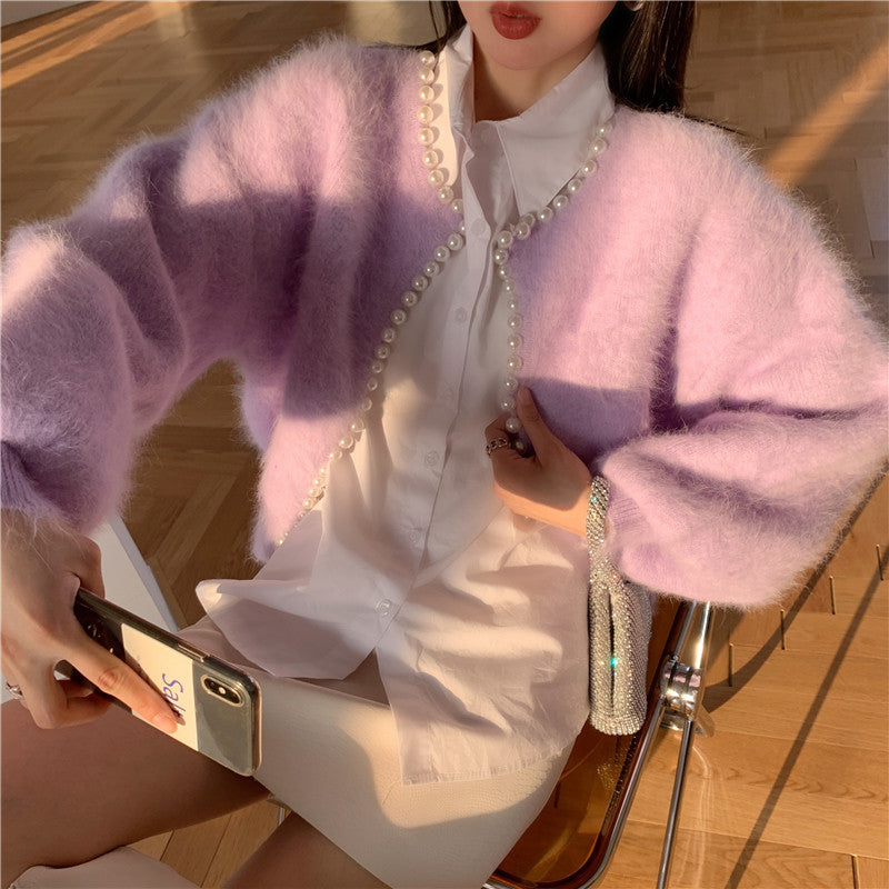 Damen Flauschige Strickjacke mit Perlenbesatz und modischem Schnitt Drune